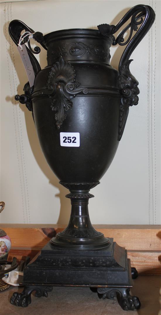 A 19th century bronze classical style two handled urn, 18.5in.